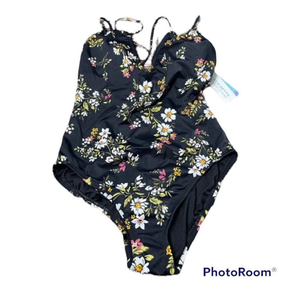 Beach Betty One Piece Swimsuit small black with flowers